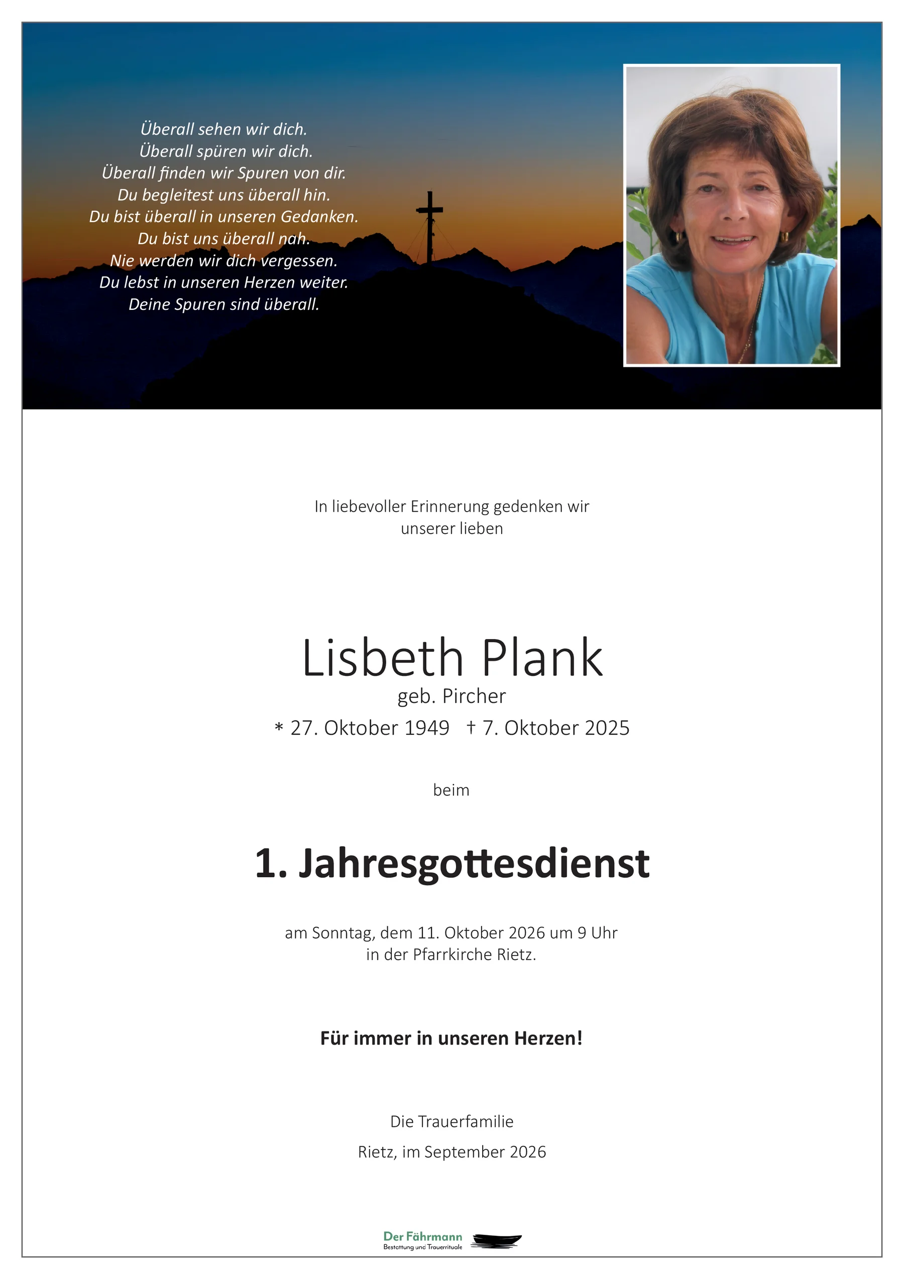 1. Jahrtag Plank Lisbeth