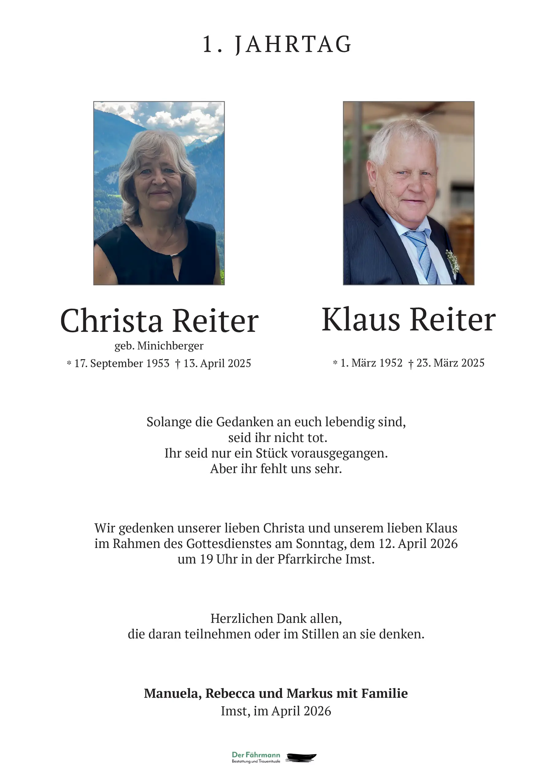 1. Jahrtag Reiter Christa und Klaus