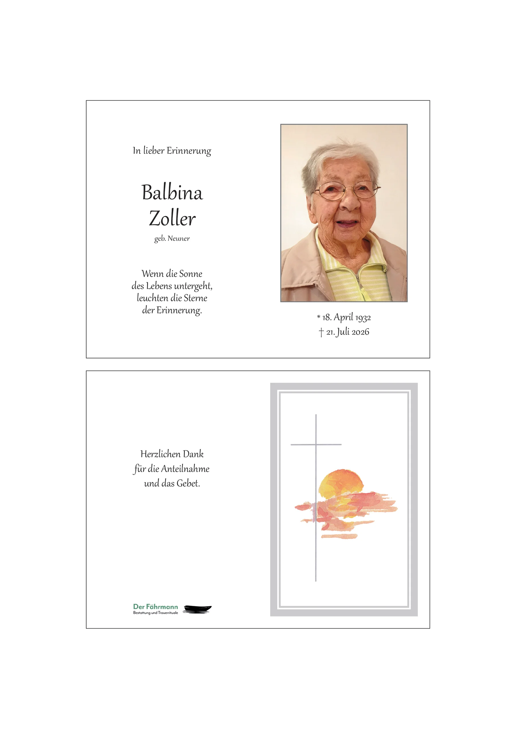 Sterbebild Balbina Zoller