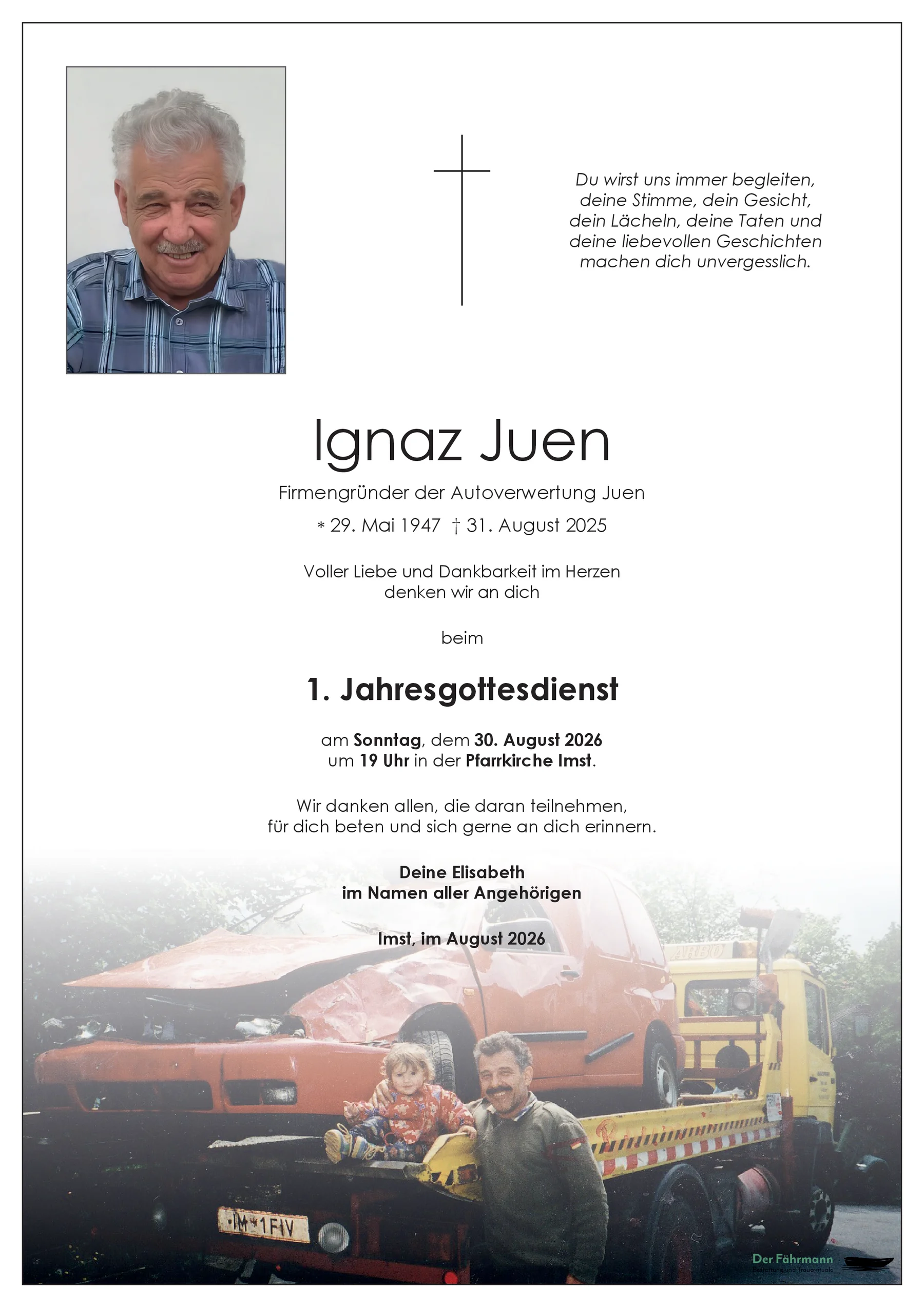 Parte zum ersten Todestag Ignaz Juen
