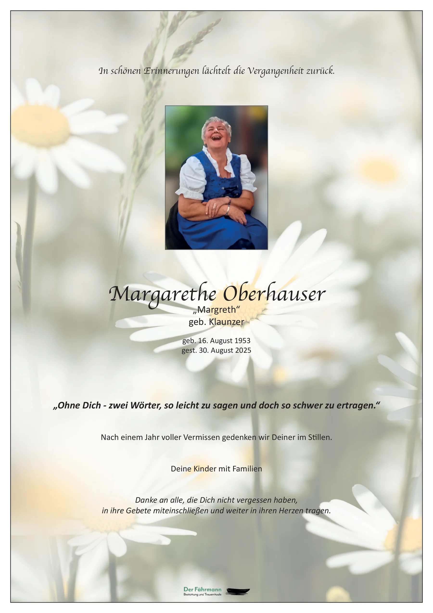 Parte zum ersten Todestag von Margarethe Oberhauser