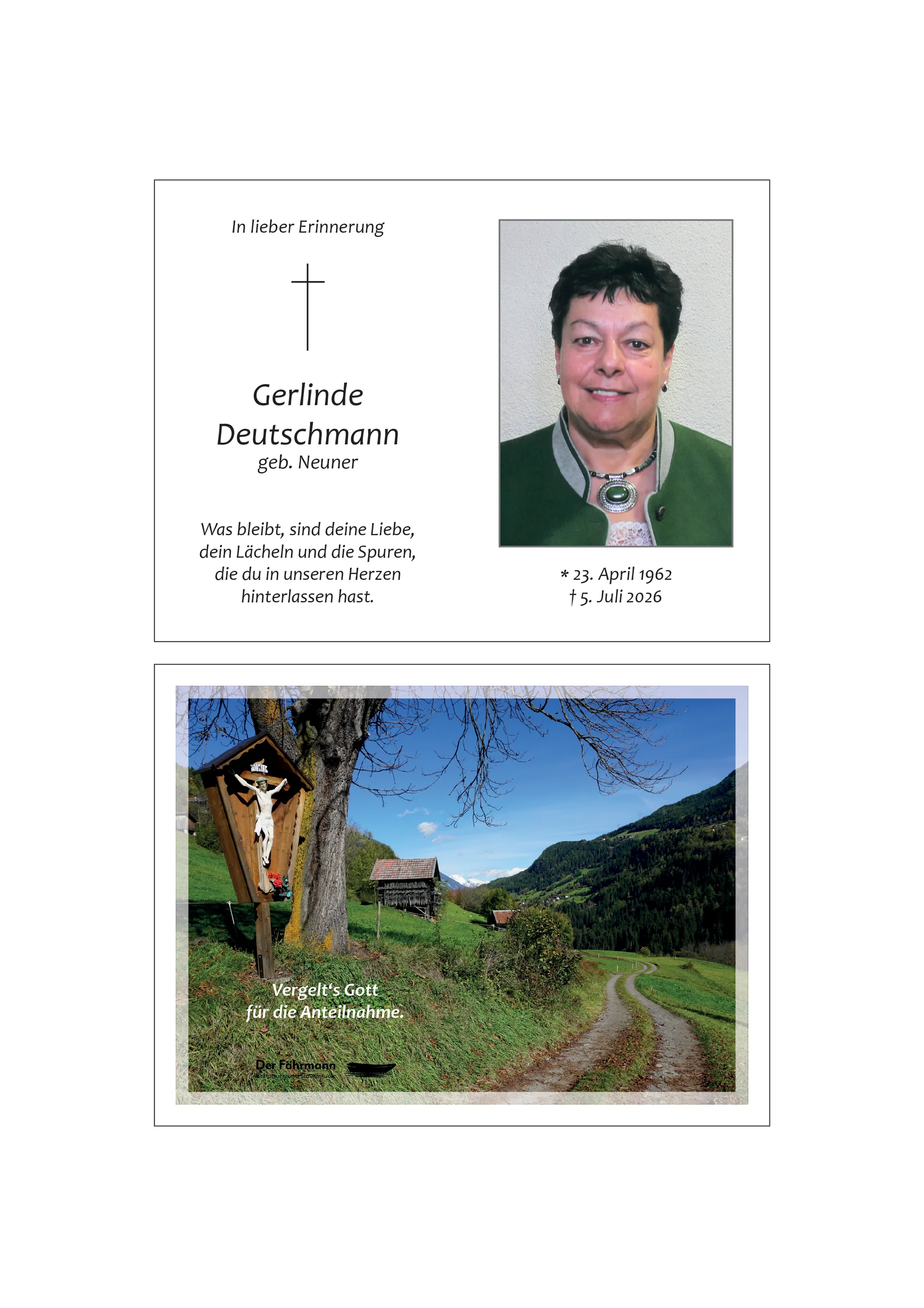 Sterbebild Gerlinde Deutschmann