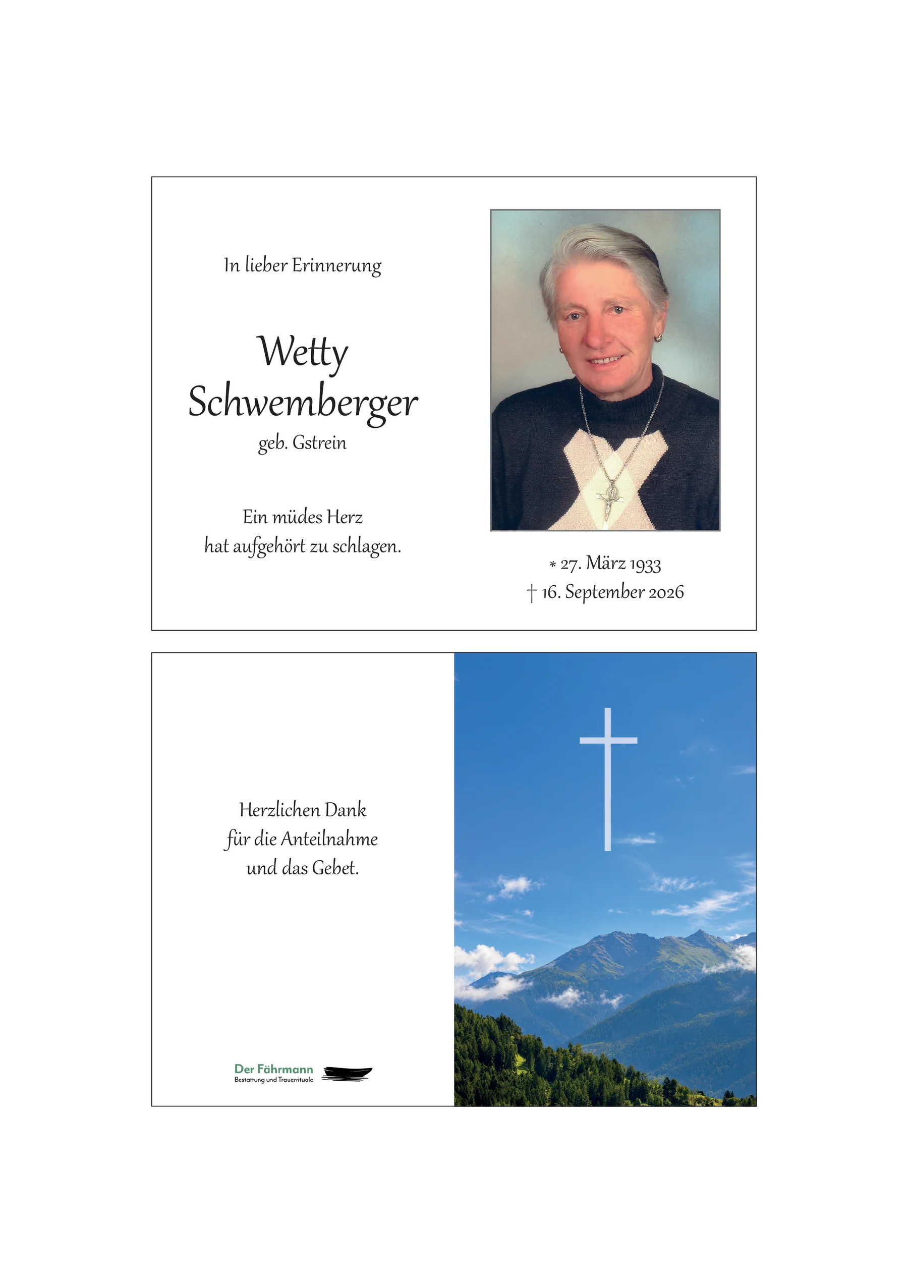 Sterbebild Alberta Schwemberger