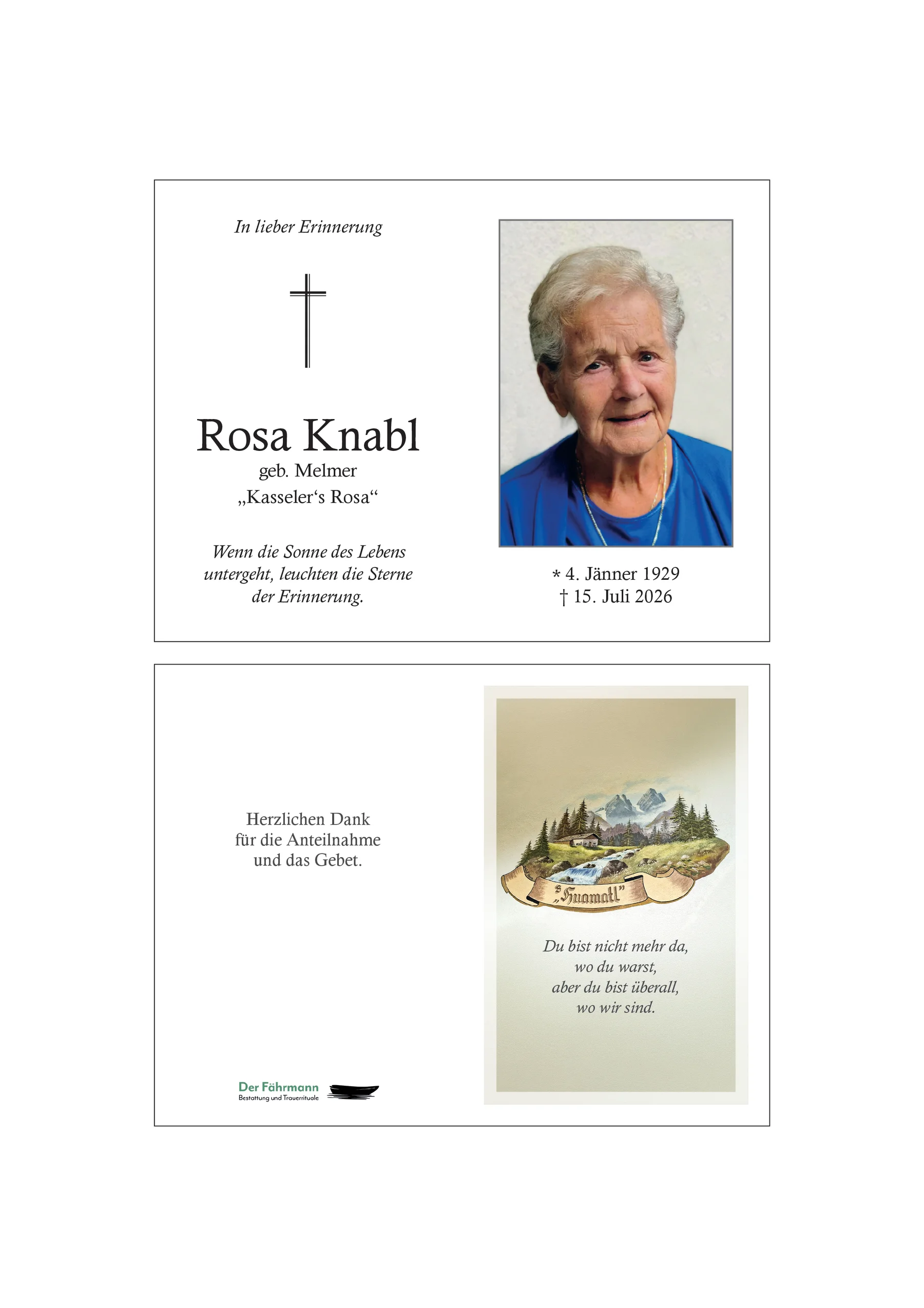 Sterbebild Rosa Knabl
