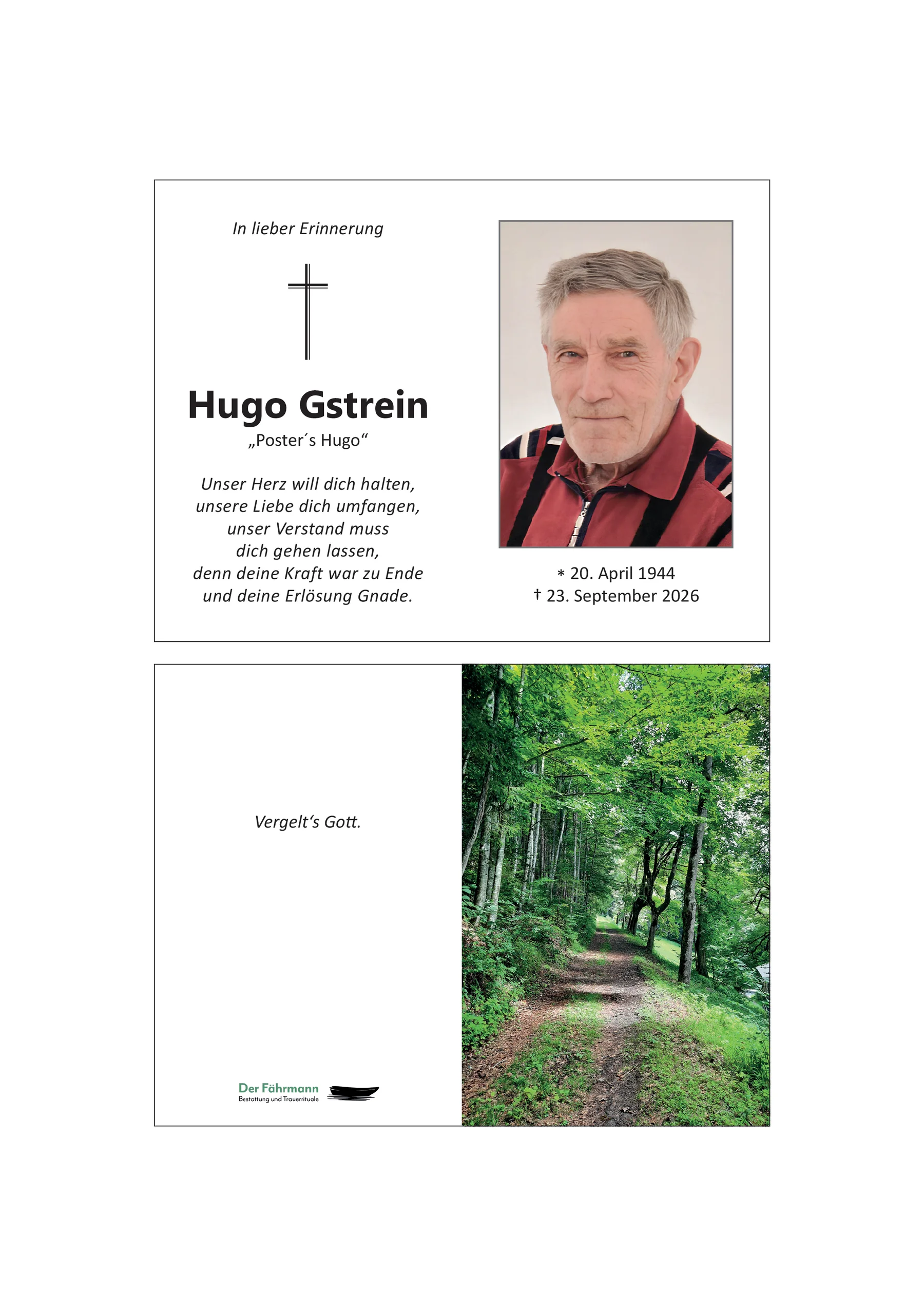 Sterbebild Hugo Gstrein