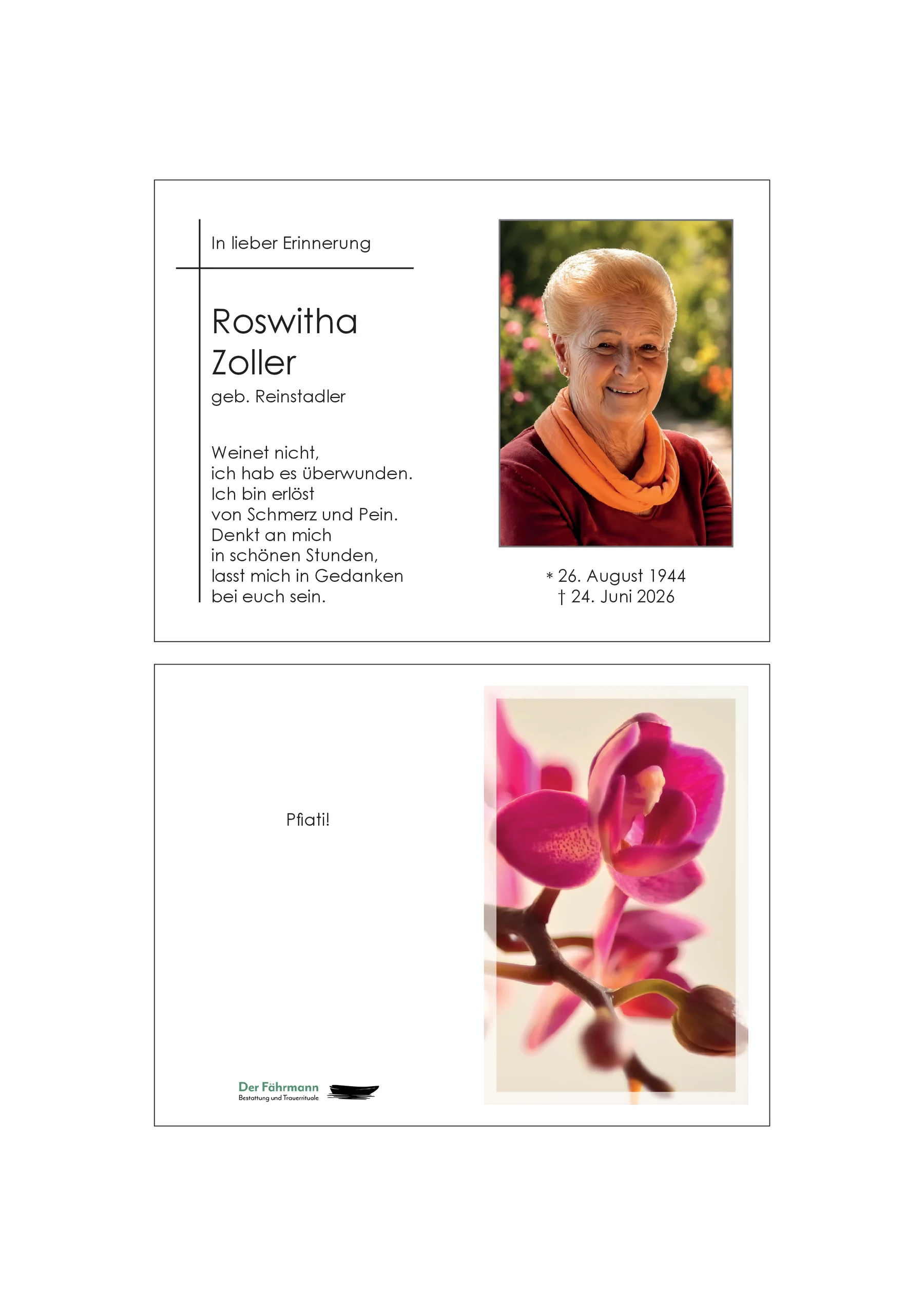 Sterbebild Roswitha Zoller