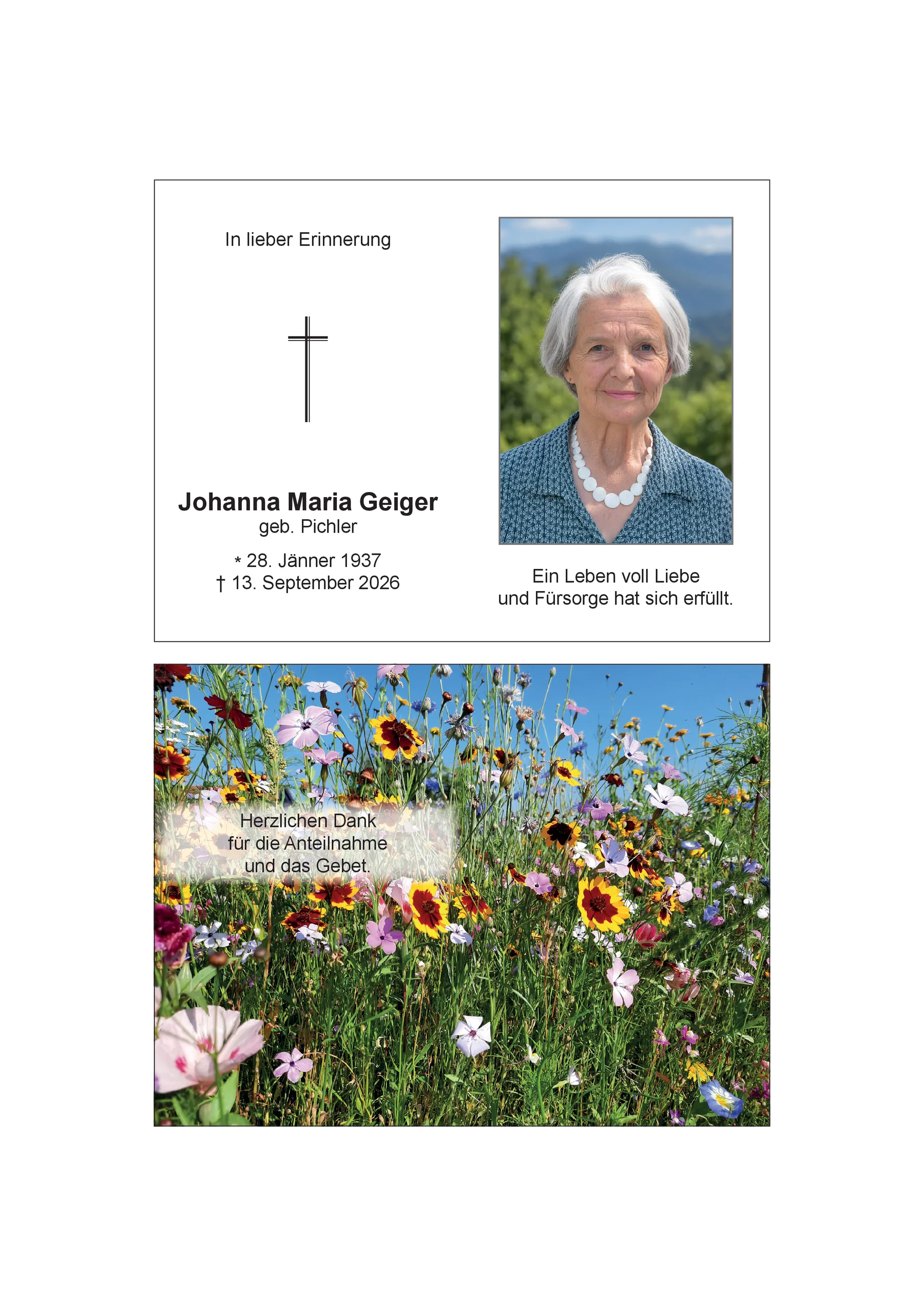 Sterbebild Johanna Geiger