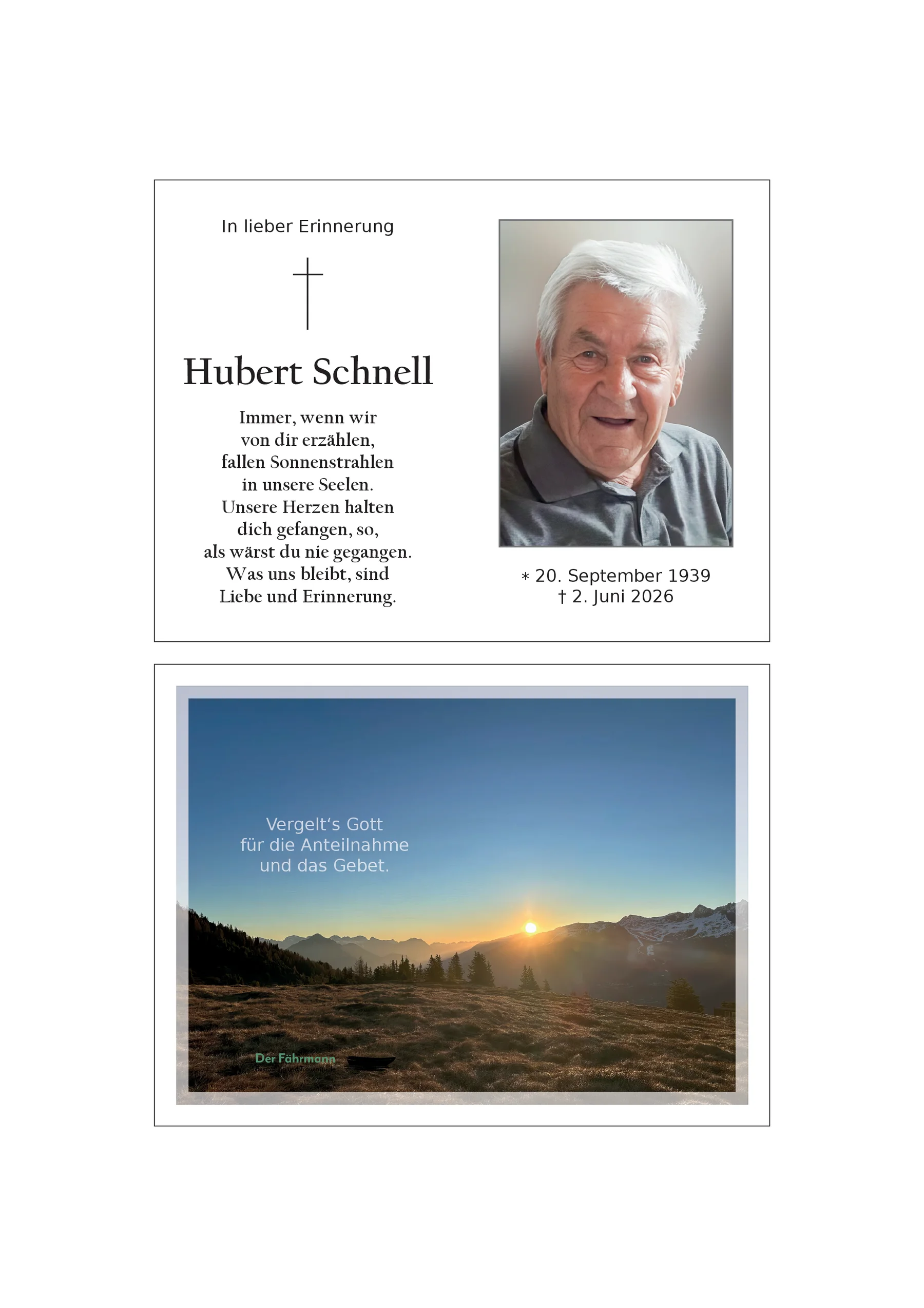 Sterbebild Hubert Schnell
