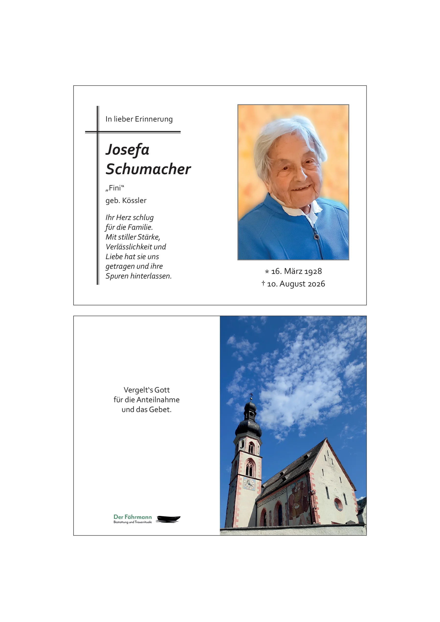 Sterbebild Josefa Schumacher