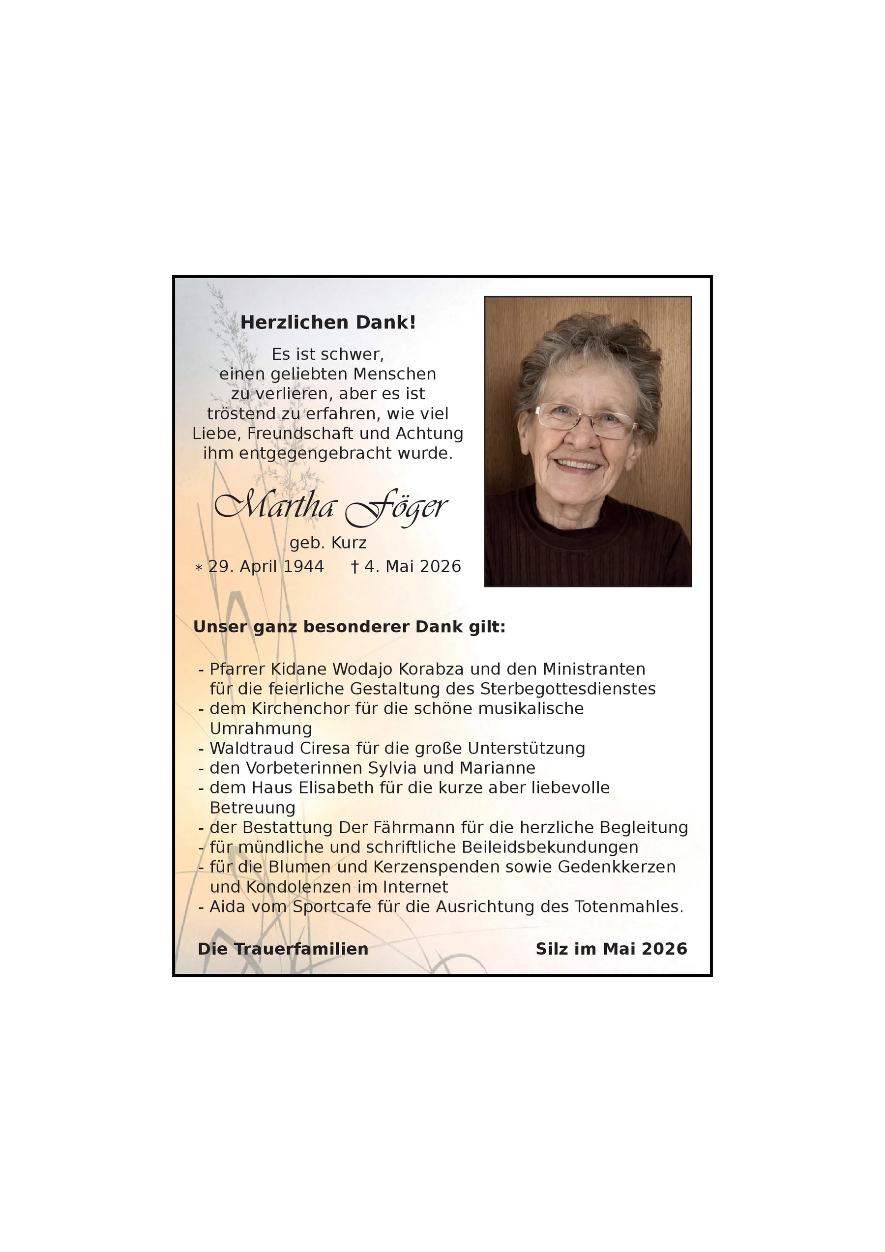 Danksagung Martha Föger