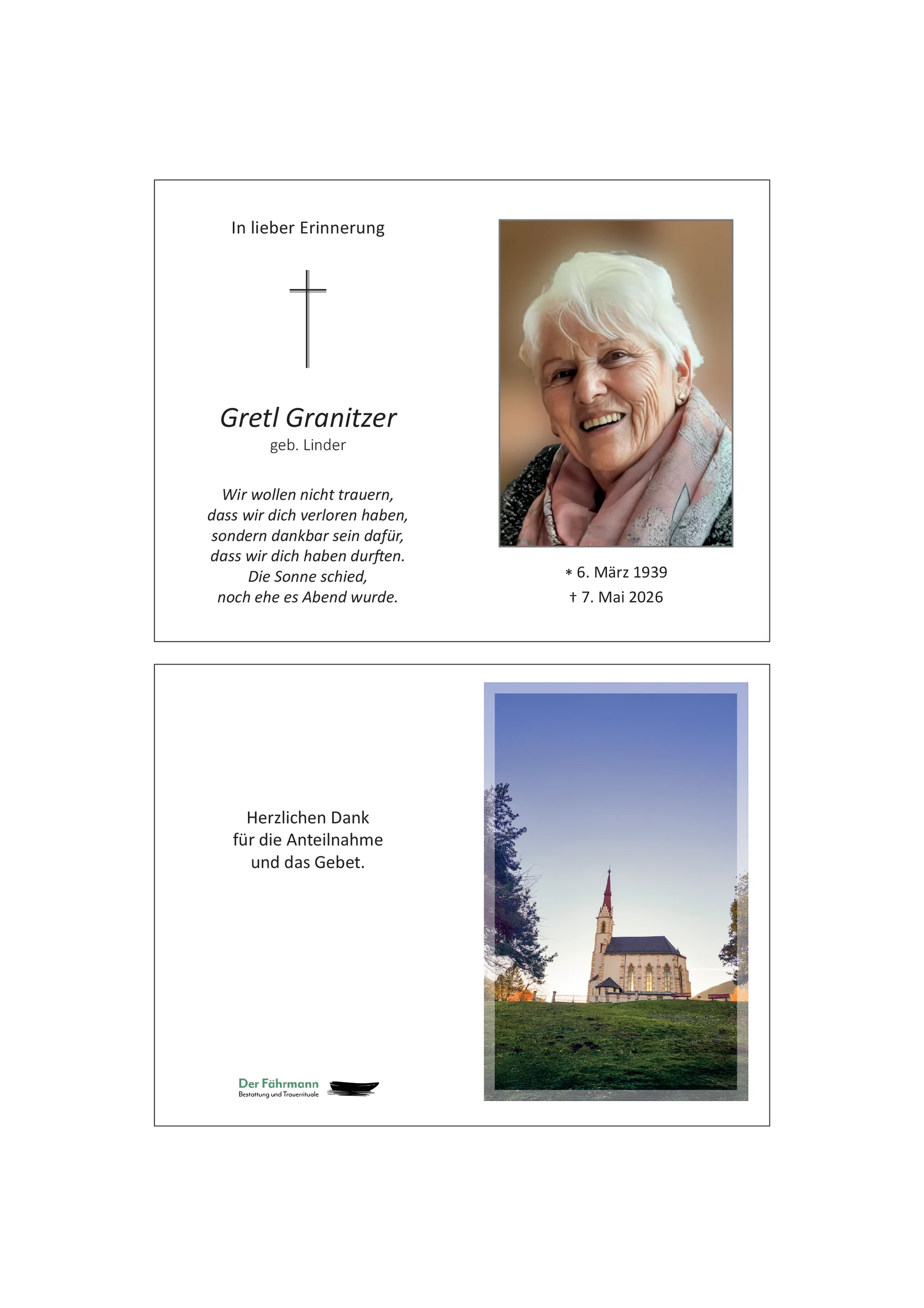 Sterbebild Margarete Granitzer