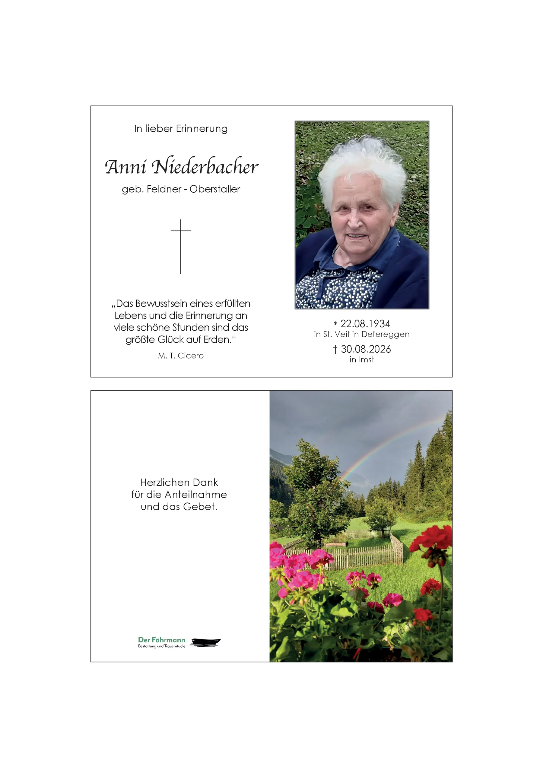 Sterbebild Anna Niederbacher